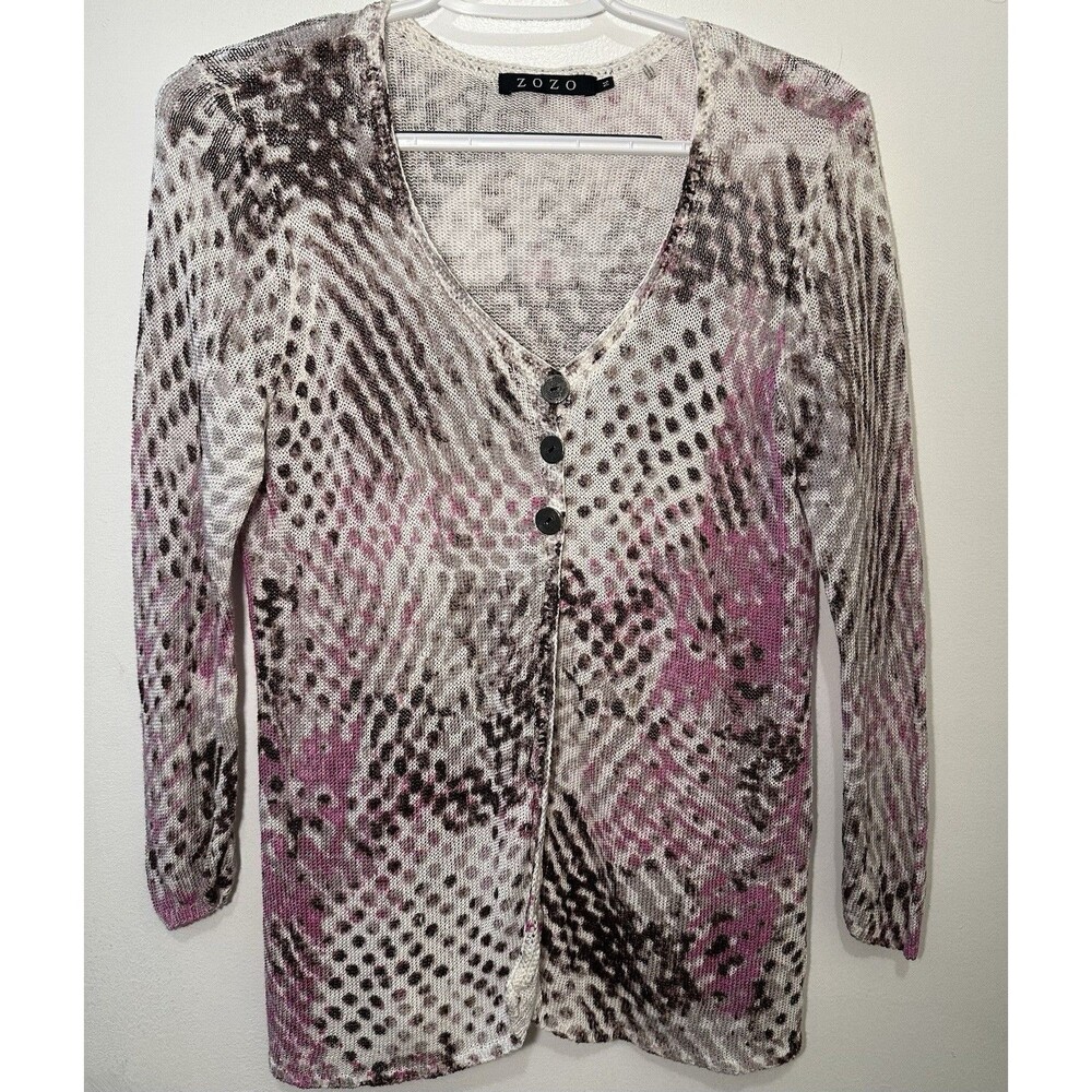 ZOZO Linen Blend Cardigan Sweater Medium Abstract Print Button Fron